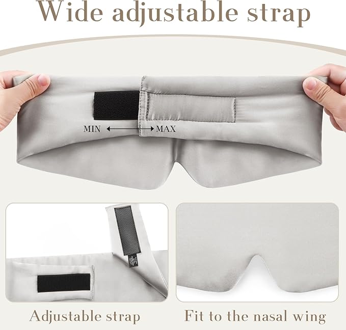 100% Mulberry Silk Sleep Mask Eye Mask for Women Man with Adjustable Band, for Side Sleeper Blackout Sleep Mask for Travel Rest and Office (Gray)