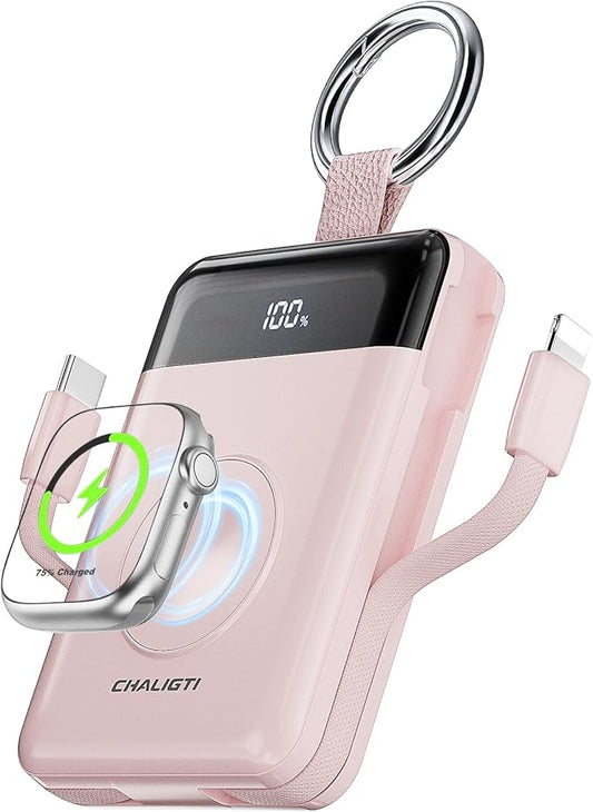 Portable Charger,5000mAh PD 20W Super Fast Charging Power Bank with Built-in Cables,Travel Keychain Battery Pack for Apple Watch Ultra/11/10/9/8/7/6/SE,iPhone 17/16/15/14/13/12 (Pink)