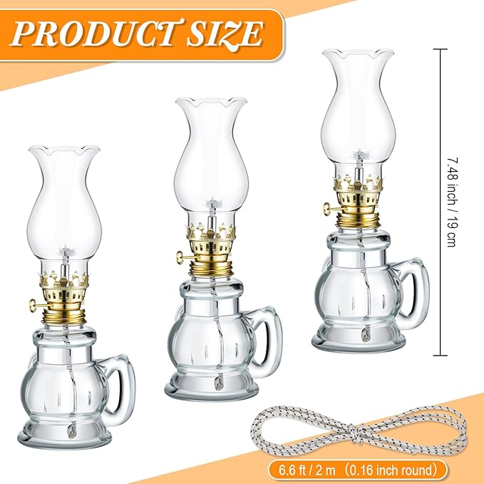 Yexiya 12 Pcs Chamber Oil Lamps Oil Lamp Vintage Glass Kerosene Lamp Bulk with Adjustable Fire Wick Rustic Clear Hurricane with 6.6 ft Extra Wick for Indoor Use Home Decor 8 Inch (Elegant)