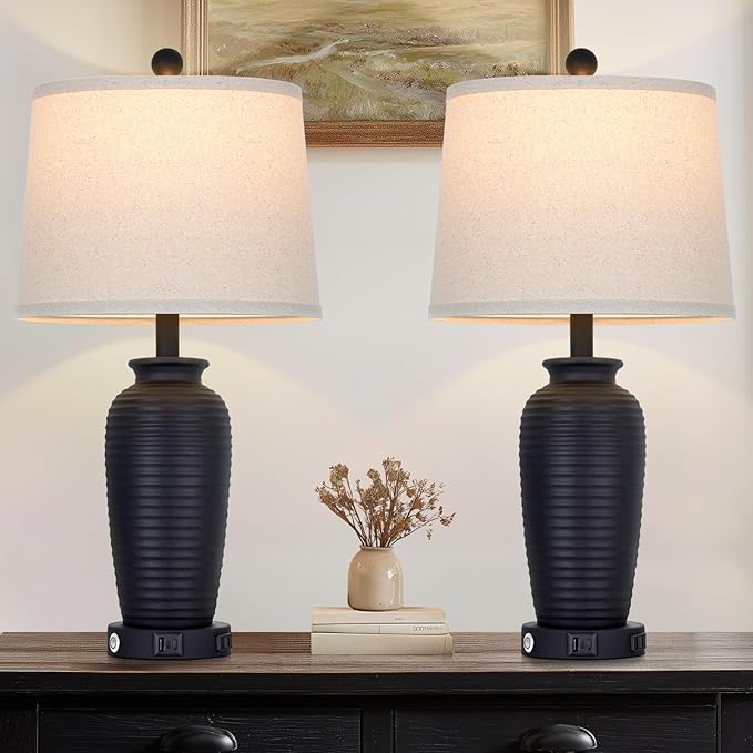 25" Retro Black Farmhouse Jar Table Lamps Set of 2, 3 Way Touch Control Rustic Bedside Lamps with USB A+C Ports & AC Outlet, Pot Nightstand Lamps for Bedroom Living Room (LED Bulbs Included)