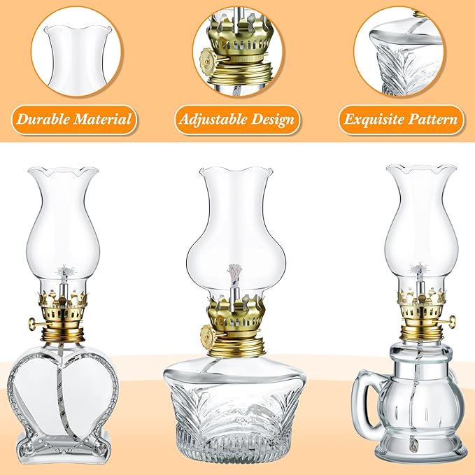 Yexiya 6 Pcs Chamber Oil Lamps Oil Lamp Vintage Glass Kerosene Lamp Bulk with Adjustable Fire Wick Rustic Clear Hurricane with 6.6 ft Extra Wick for Indoor Use Home Decor 8 Inch (Heart)