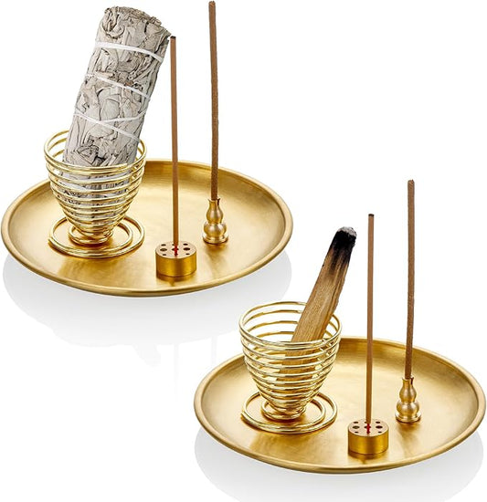 ZenBless 5 in 1 Incense Burner, Palo Santo Holder, Sage Holder, Incense Sticks/Coil/Cones, 5.5 inches Brass Ash Catcher for Meditation Yoga Room (Gold_2pcs)