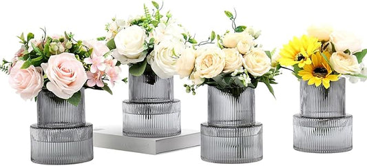 Ribbed Glass Vases, Set of 4 Small Vases for Flowers, Black Glass Vase for Tulips, Modern Vase for Living Room, Kitchen, Office, Entryway, Bookshelf, Wedding Gifts, Birthday, 6 Inches