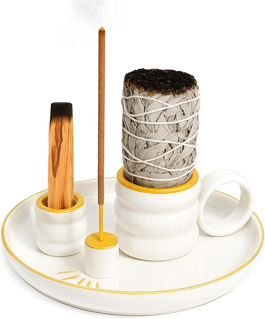 4 in 1 Incense Holder, Palo Santo Holder for Burning Sage, Sticks & Candle, Ceramic Incense Burner with Handle, 5.9 Inch Ash Catcher Tray, Zen Decor for Meditation & Gift