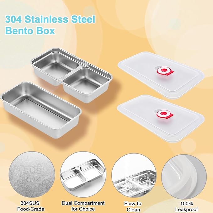 Grab and Go Snack Containers Stainless Steel, Reusable Snack Condiment Containers with Lids, Double &Single Compartment Food Lunch Meal Container Prep for Travel, Small Packs Container, 2 PCS