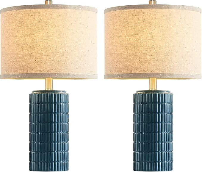 23'' Set of 2 Farmhouse Ceramic Table Lamps for Living Room, Rustic Nightstand Lamp for Bedroom, Office, Dorm, Hallway, 2 LED Bulbs Included