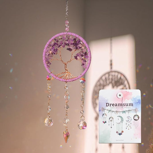 Tree of Life Crystal Suncatchers for Window Hanging Wind Chime Style Garden Sun Catchers with Natural Purple Stone Crystals Rainbow Maker Indoor Outdoor Decor Handmade Gold Plated Suncatcher