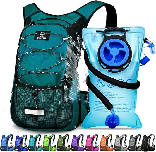 Mothybot Insulated Hydration Backpack Pack with 3L BPA Free Leak Proof Water Bladder, Large Storage Lightweight Hiking Daypack with Waist Pouches & Cooler Layer, for Running, Biking, Camping, Festival