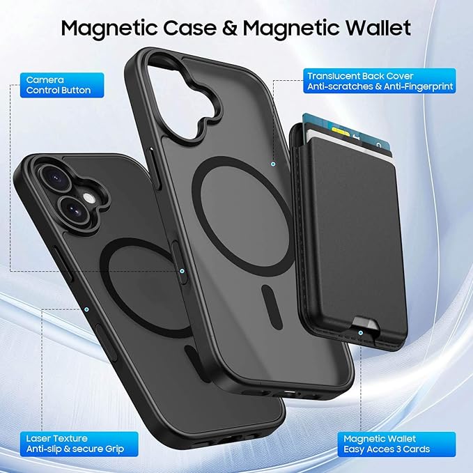 Ntwinro Magnetic for iPhone 16 Plus Case (Compatible with MagSafe) with Detachable Wallet & Card Holder for 3 Cards [RFID Blocking] Military Grade Protective Slim Phone Cover, Black