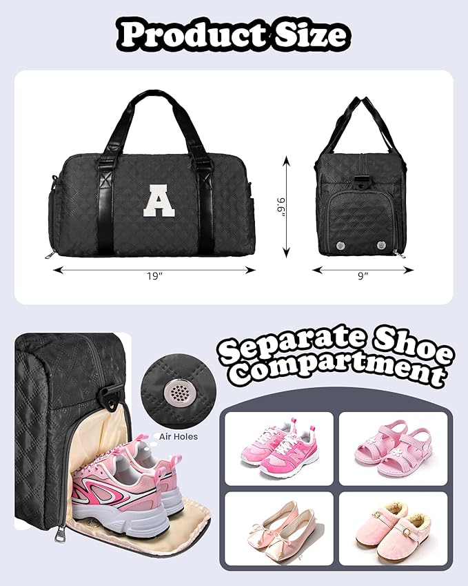 Elilier Initial Gym Bag for Girls, Graduation Gift Ideas, Personalized Weekender Bag, Monogram Overnight bag for teens
