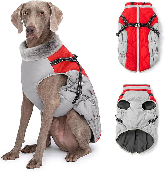 Abuandi Dog Winter Coat with Harness, Dog Jacket, Pet Clothes with Zipper on Back, Waterproof Windproof Warm Vest, Reflective Cold Weather Coats, for Small Medium Large Dogs, Thick, Red, L