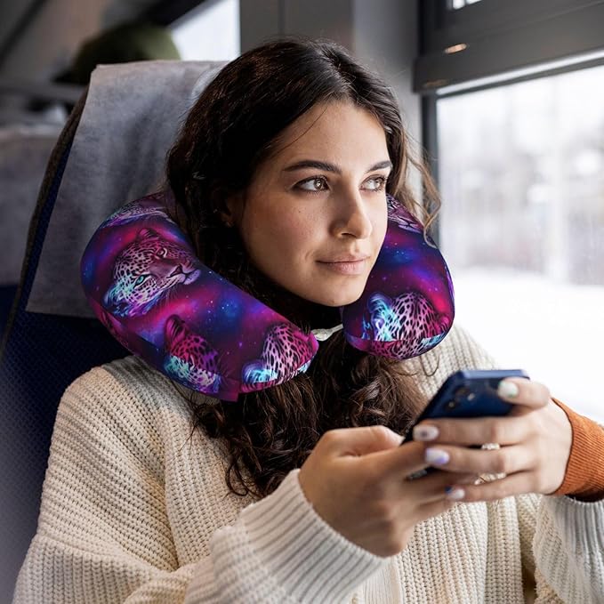 Comfortable Memory Foam Travel Neck Pillow, Funny Chin/Head Cushion Supporting Airplane Car Pillows Purple Leopard for Sleeping Outdoors Travel Office