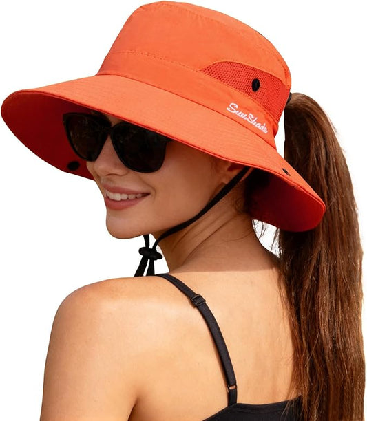ZOORON Women's Ponytail Safari Sun Hat,Wide Brim UV Protection Outdoor Bucket Hat,Foldable Beach Summer Fishing Hat