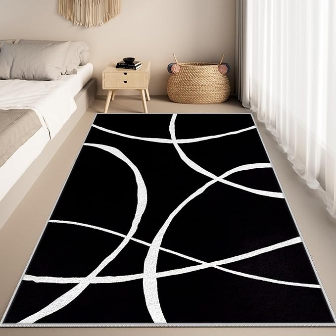 Black and White Rugs, Abstract Rug, Modern Minimalist Rug, Curved Line Design Carpet, Black and White Abstract Rugs Washable Non Slip Home Decor 3x4