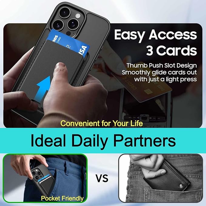 Ntwinro Magnetic for iPhone 14 Pro Case (Compatible with MagSafe) with Detachable Wallet & Card Holder for 3 Cards [RFID Blocking] Military Grade Protective Slim Phone Cover, Black
