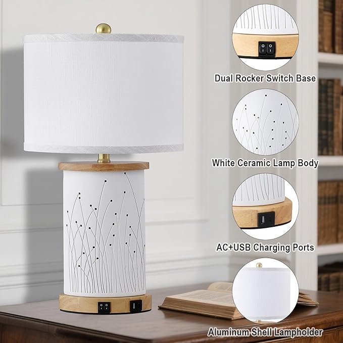 Set of 2 Ceramic Table Lamps with 3 Color Temperatures, Nightstand Table Lamps with AC Outlet, USB A & C Charging Port, Bedside Lamps for Living Room, Bedroom, Office Reading, Burlywood