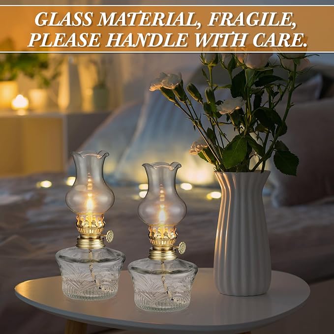 Yexiya 12 Pcs Chamber Oil Lamps Oil Lamp Vintage Glass Kerosene Lamp Bulk with Adjustable Fire Wick Rustic Clear Hurricane with 6.6 ft Extra Wick for Indoor Use Home Decor 8 Inch (Line Style)
