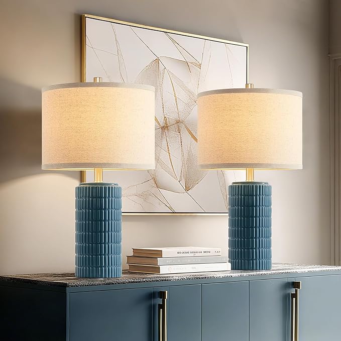 23'' Set of 2 Farmhouse Ceramic Table Lamps for Living Room, Rustic Nightstand Lamp for Bedroom, Office, Dorm, Hallway, 2 LED Bulbs Included