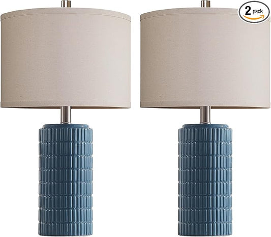 23'' Set of 2 Farmhouse Ceramic Table Lamps for Living Room, Rustic Nightstand Lamp for Bedroom, Office, Dorm, Hallway, 2 LED Bulbs Included