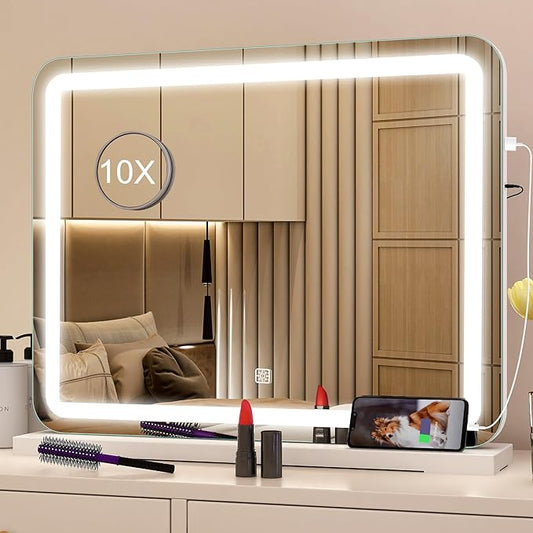 STARLEAD 22.8" x 18.2" Makeup Mirror with Lights and 10X Magnification, 3-Color Dimmable LED Lighting & Touch Control, USB Charging Port for Travel/Dressing Room