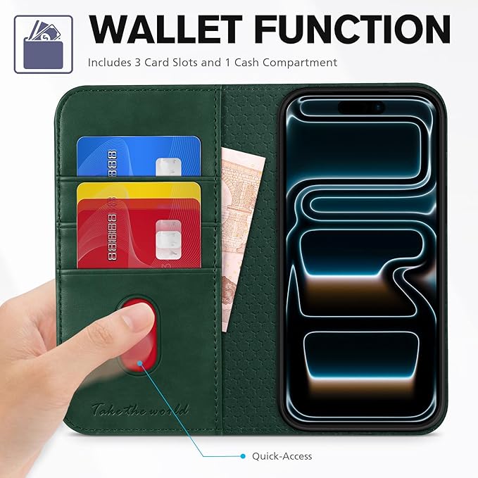 TUCCH Wallet Case for iPhone 17 Pro (6.3") 2025, 3 Credit Card Holders, RFID Blocking, Stand, PU Leather, Shockproof TPU Interior Shell, Protective Flip Folio Cover, Midnight Green