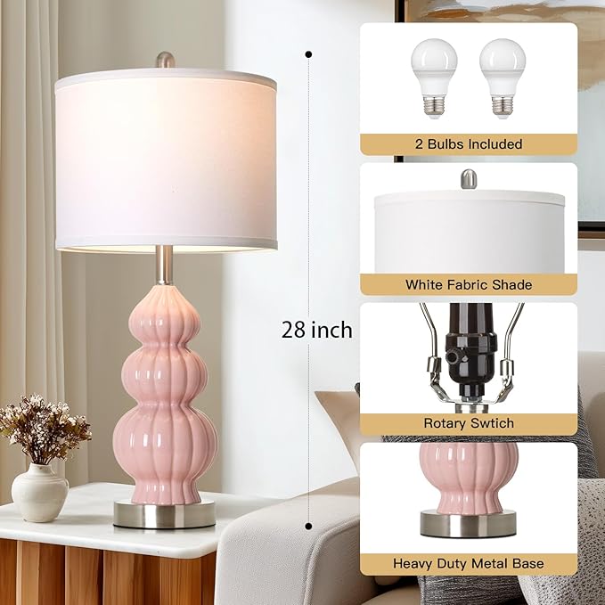 26.5" Pink Ceramic Table Lamps Set of 2, Modern Bedside Lamps for Girls Room, Triple Gourd Table Lamp for Living Room End Table or Bedroom Nightstand (2 LED Bulbs Included)
