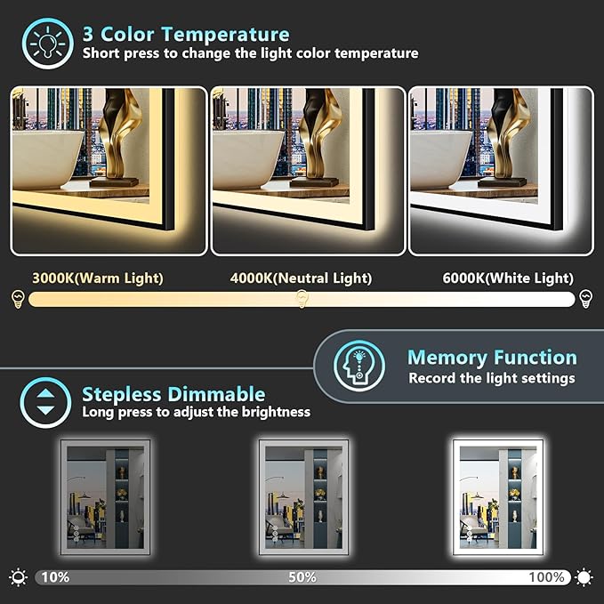 24x36 Black Framed LED Bathroom Mirror with Lights, Backlit and Front Lit, Anti-Fog Lighted Vanity Mirrors for Bathroom Wall, Dimmable, 3-Color Light, Memory, Shatter-Proof, HD Tempered Glass