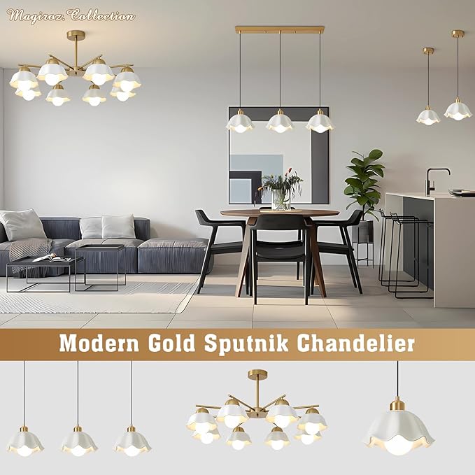8 Lights Gold Sputnik Chandelier Light Fixture Large Mid Century Modern Milk Glass Sputnik Ceiling Lighting Fixtures Nordic Semi Flush Mount Ceiling Light Fixture for Living Room MCL08-8 GD