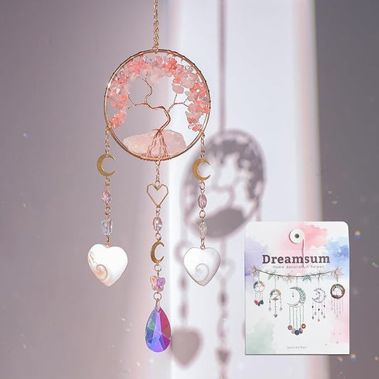 Tree of Life Crystal Suncatchers for Window Hanging Wind Chime Style Garden Sun Catchers with Natural Pink Stone Crystals Rainbow Maker Indoor Outdoor Decor Handmade Gold Plated Suncatcher