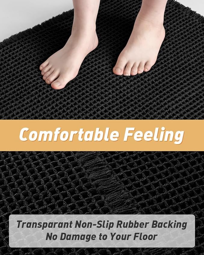 AMOAMI Upgraded Waffle Bath Mat, Super Absorbent Non Slip Bath Mats for Bathroom Floor, Machine Washable Bathroom Rugs with Tassels, Rubber Backed Bathroom Mats, Ultra Soft, 18" x 30", Black