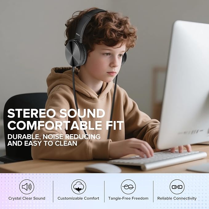 Bulk Kids Headphones for School Classroom Students,10 Pack Durable Wired School Earphones with HD Stereo Sound 3.5mm Jack for Library,Online Learning(HTC004 Black)