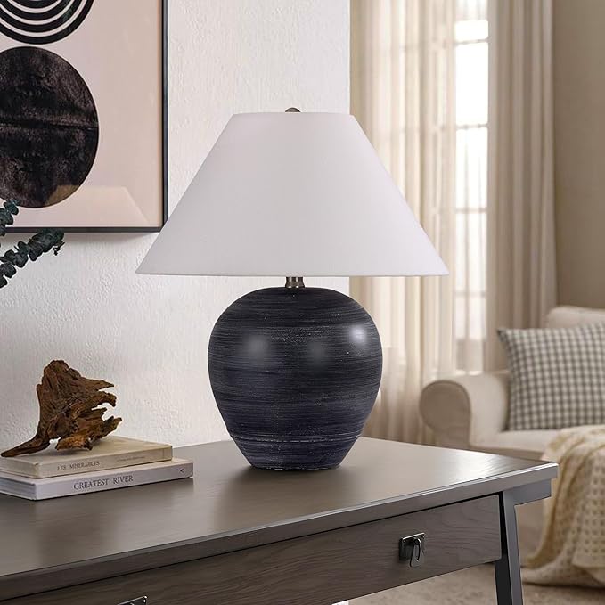 Pia Ricco 21'' Medium Size Black Glossy Ceramic Base Ceramic Basin Table Lamp for Bedroom, Living Room, Dining Room, Office, White Shade,White Striped Black Base