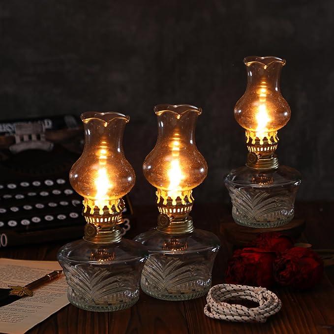 Yexiya 12 Pcs Chamber Oil Lamps Oil Lamp Vintage Glass Kerosene Lamp Bulk with Adjustable Fire Wick Rustic Clear Hurricane with 6.6 ft Extra Wick for Indoor Use Home Decor 8 Inch (Line Style)