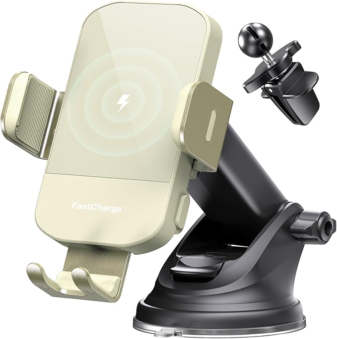 CHGeek Wireless Car Charger, 15W Fast Charging Auto Clamping Car Charger Phone Mount Phone Holder fit for iPhone 15 14 13 12 11 Pro Max Xs, Samsung Galaxy S25 Ultra S24 S23 S22, S21, S20, Khaki