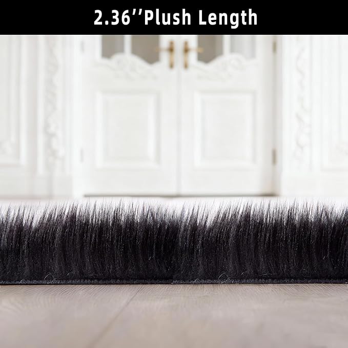 Black Faux Fur Sheepskin Area Rug for Living Room Bedroom, 6 x 6 Feet Ultra Soft Shaggy Fuzzy Furry Carpet Chair Throw Large Rugs for Kids, Girls, Nursery Room Decor Dorms