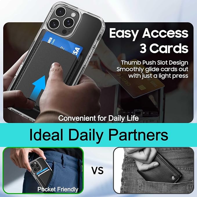Ntwinro Magnetic for iPhone 15 Pro Clear Case (Compatible with MagSafe) with Black Detachable Wallet & Card Holder for 3 Cards [RFID Blocking] Military Grade Protective Slim Phone Cover