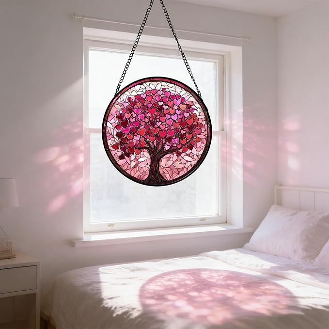 DASTOLL Stained Glass Window Hanging, Pink Love Tree of Life Sun Catchers Colorful Glass Panel Suncatcher Decor for Birthday for Women, Men, Wife, Lovers, and Mom 11.8x11.8 in