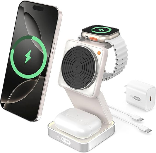 3 in 1 Magnetic Wireless Charging Station for Mag-safe Charger, Foldable Travel Charger with Night Light, 15W Fast Charging Stand with 25W Adapter, for iPhone17-12, Apple Watch, AirPods -Beige