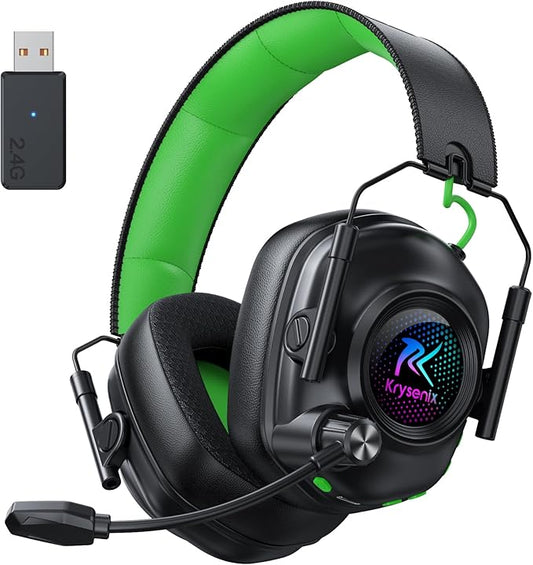 Wireless Gaming Headset with Noise Canceling Microphone for PC, PS5, PS4, Switch, Mac, 2.4 GHz Wireless & Bluetooth 5.4 Gaming Headphones, Cool RGB Lighting, 40Hr Battery, 50mm Drivers(Black Green)
