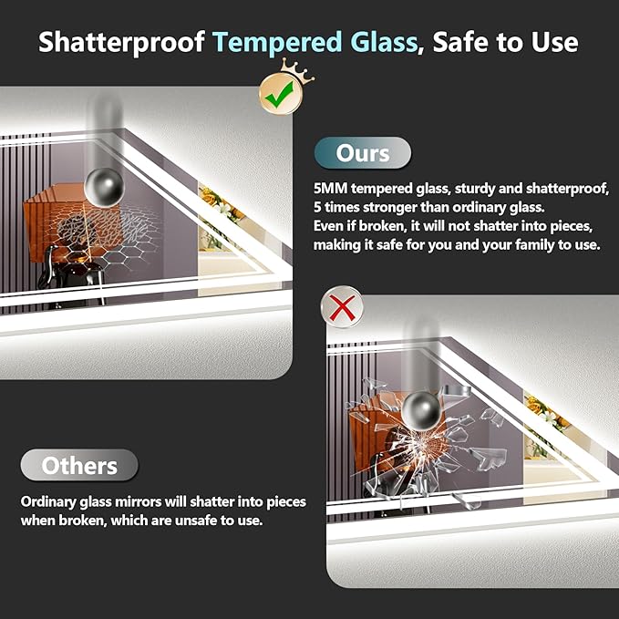 48x28 LED Bathroom Mirror with Lights, Backlit + Front Lit, Anti-Fog Lighted Vanity Mirror for Bathroom Wall, 3 Colors, Dimmable, Memory, HD Tempered Glass, Shatter-Proof, CRI>90, ETL Listed
