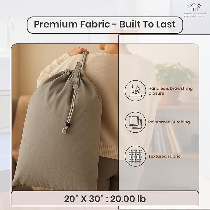 LFH Home Cotton Canvas Large Laundry Bag with Handle, Heavy Duty Drawstring Closure Washable Laundry Bags, School Travel, Home, Hotel, College Dorm, Organizer Sack, Toys Clothes 20x30 (Pack of 4)-Grey