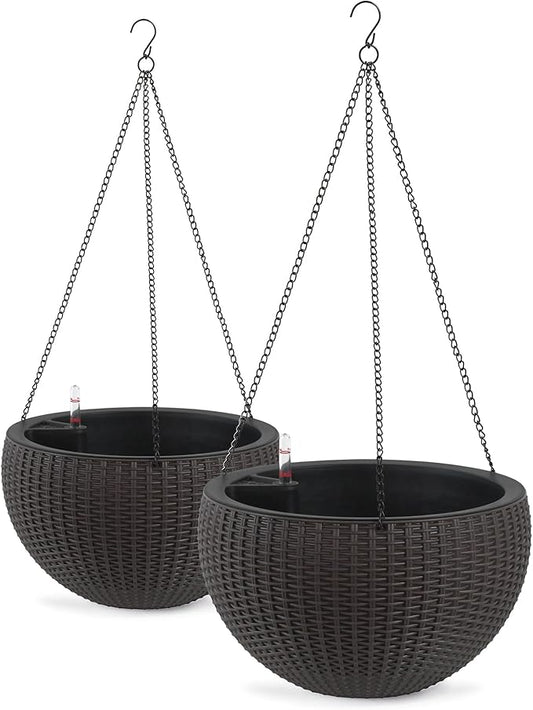 13.5 inch 2Pack Large Hanging Planters for Outdoor/Indoor Plants, Self Watering Hanging Pot with Water Level Indicato, Drainage Holes and Chain for Garden Porch, Brown