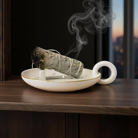 Handmade Ceramic Palo Santo Holder Burner & Sage Holder - Mini Tabletop Burner Tray with Ash Catcher, Decorative Incense Holder for Spiritual Meditation & Yoga