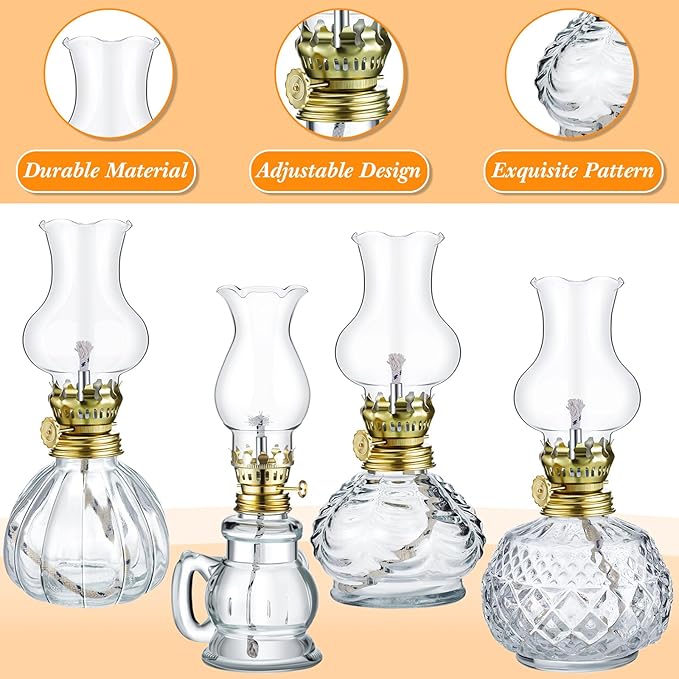 Yexiya 6 Pcs Chamber Oil Lamps Oil Lamp Vintage Glass Kerosene Lamp Bulk with Adjustable Fire Wick Rustic Clear Hurricane with 6.6 ft Extra Wick for Indoor Use Home Decor 8 Inch (Cute Style)