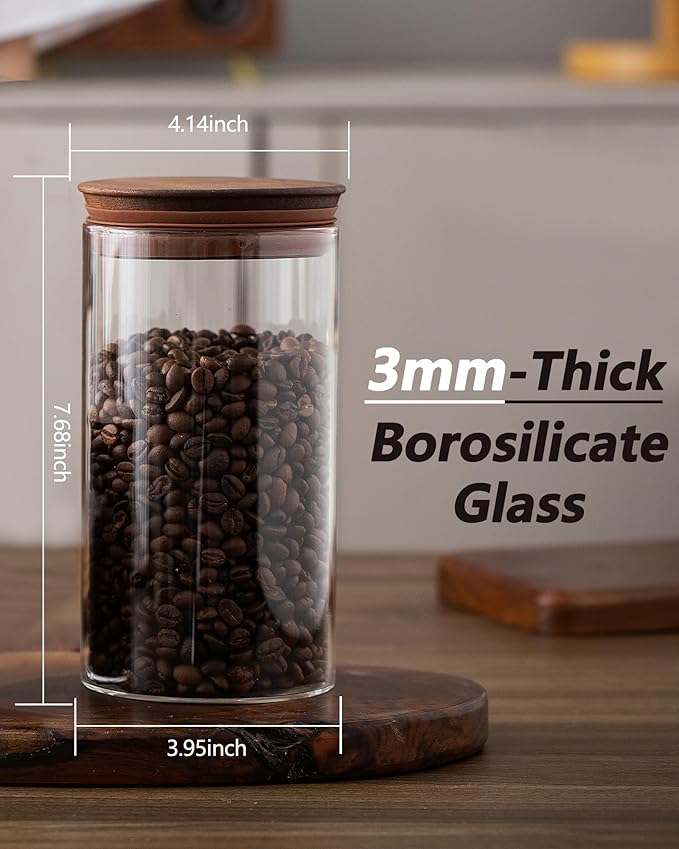 BOILMERIT 37 oz Coffee Canister with Scoop and Wooden Lids, Airtight Storage Container Sets of 2 for Ground Coffee & Beans, Glass Jars for Coffee Bar Organizer, Kitchen Countertop