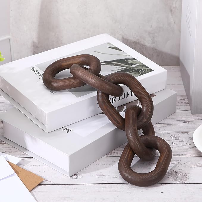 Queekay Decorative Wood Chain Link Decor Rustic Wooden 5 Link Wooden Decor Ornament Farmhouse Home Decoration Hand Carved Wood Chain Ornaments for Coffee Table(Dark Walnut)