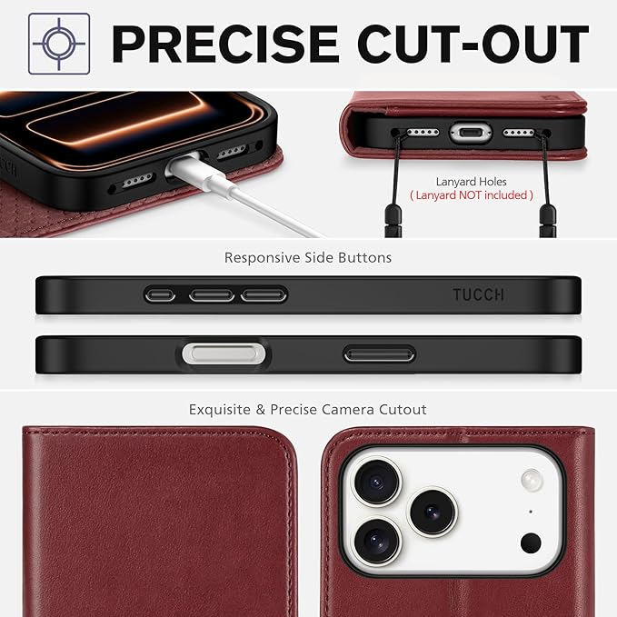 TUCCH Wallet Case for iPhone 17 Pro Max (6.9") 2025, 3 Credit Card Slot | RFID Blocking | Stand | PU Leather | Protective Flip Folio Cover | Shockproof TPU Interior Shell | Deep Red