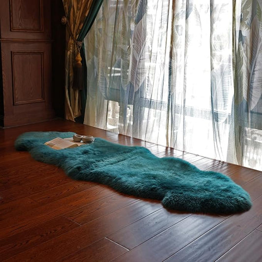 Genuine Sheepskin Rug New Zealand Fluffy Lambskin Rug, Natural Luxury Sheepskin Throw for Bedroom Living Room Children's Room - Premium Area Rug Chair Cover (2×6 Feet, Dark Teal Blue)
