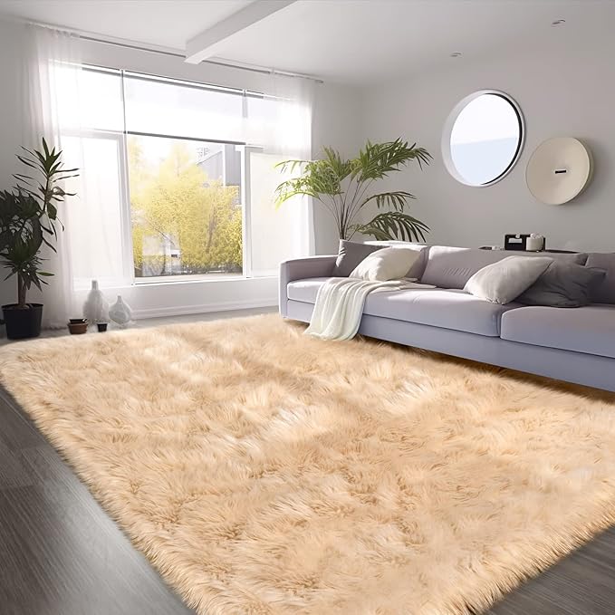 SERISSA Faux Fur Area Rug, 5x8 Feet, Beige, Luxury Shaggy Rug for Living Room, Bedroom, Nursery Decor