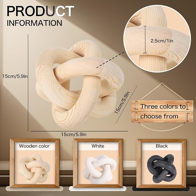3 Link Hand Carved Wood Knot, Wood Chain Link Decor, Rustic Decorative Objects for Home, Living Room, Bedroom, Coffee Table, Modern Farmhouse Shelf Decor (Natural)